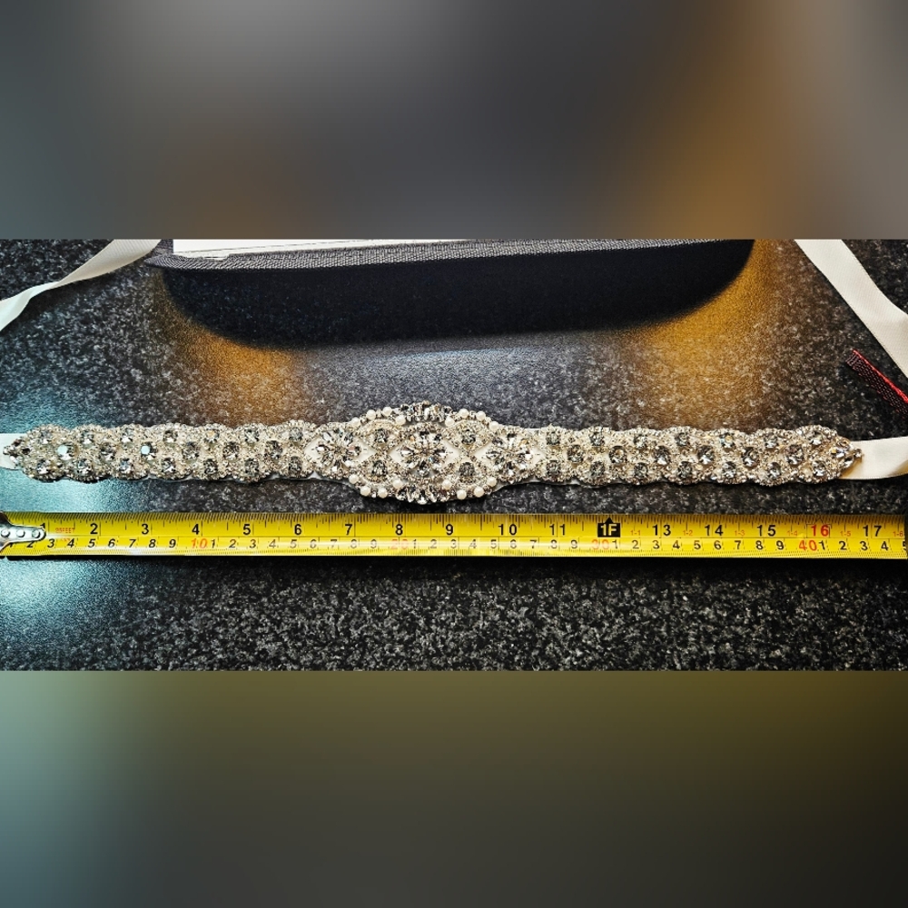 Bridal Belt Wedding Sash Rhinestone Pearl Crystal Applique Ivory Ribbon 92" New - Picture 6 of 8